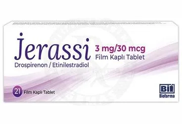 JERASSI 3 MG / 30 MCG FILM KAPLI TABLET (21 TABLET) kutu fotoğrafı. Estradiol + drospirenon içeren film kaplı tablet. Üretici: BİOFARMA İLAÇ SANAYİ VE TİCARET A.Ş.