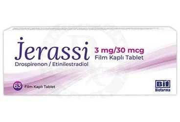JERASSI 3 MG / 30 MCG FILM KAPLI TABLET (63 TABLET) (estradiol + drospirenon) kutu fotoğrafı, film kaplı tablet. Üretici: BİOFARMA İLAÇ SANAYİ VE TİCARET A.Ş.