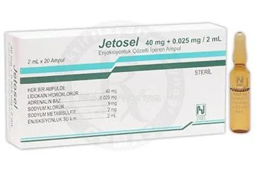 Lidokain ve epinefrin içeren ampul: JETOSEL 2 ML 20 AMPUL kutu fotoğrafı. Üretici: OSEL İLAÇ SANAYİ VE TİCARET ANONİM ŞİRKETİ.