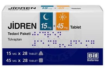 JIDREN 15 MG + 45 MG TABLET, TEDAVI PAKETI 56 ADET (28 ADET 15 MG VE 28 ADET 45 MG TABLET) (tolvaptan) kutusu, tablet. Üretici: BİOFARMA İLAÇ SANAYİ VE TİCARET A.Ş.