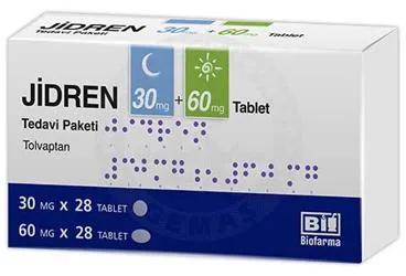 JIDREN 30 MG + 60 MG TABLET, TEDAVI PAKETI 56 ADET (28 ADET 30 MG VE 28 ADET 60 MG TABLET) ürün ambalajı. Tolvaptan içeren tablet. Üretici: BİOFARMA İLAÇ SANAYİ VE TİCARET A.Ş.