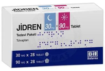 Tolvaptan içeren tablet: JIDREN 30 MG + 90 MG TABLET, TEDAVI PAKETI 56 ADET (28 ADET 30 MG VE 28 ADET 90 MG TABLET) kutu fotoğrafı. Üretici: BİOFARMA İLAÇ SANAYİ VE TİCARET A.Ş.