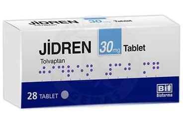 Tolvaptan içeren tablet: JIDREN 30 MG TABLET (28 TABLET) ürün ambalajı. Üretici: BİOFARMA İLAÇ SANAYİ VE TİCARET A.Ş.