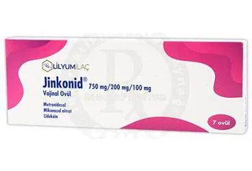 JINKONID 750 MG/ 200 MG / 100 MG 7 VAJINAL OVUL ürün ambalajı. Metronidazol + mikonazol - vajinal içeren ovül. Üretici: LİLYUM İLAÇ VE KİMYA SANAYİ TİCARET ANONİM ŞİRKETİ.