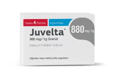 Polistiren sülfonat içeren saşe: JUVELTA 880 MG/1 G GRANUL (20 SASE) kutusu. Üretici: SANTA FARMA İLAÇ SAN. A.Ş.