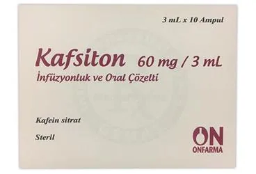 KAFSITON 60 MG/3ML INFUZYONLUK VE ORAL COZELTI (3 ML 10 ADET) kutu fotoğrafı. Kafein sitrat içeren çözelti. Üretici: ONFARMA İLAÇ SANAYİ LİMİTED ŞİRKETİ.