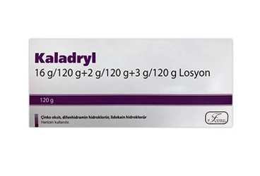 KALADRYL 16 G/120 G + 2 G/120 G + 3 G/120 G LOSYON ürün ambalajı. Etkin maddesi difenhidramin -topikal. Üretici: FARMALAS İLAÇ SAN. VE TİC. LTD. ŞTİ.