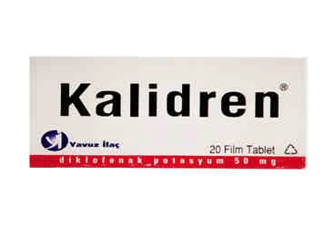 Diklofenak içeren film kaplı tablet: KALIDREN 50 MG 20 FİLM TABLET ambalajı. Üretici: YAVUZ İLAÇ ECZA DEPOSU MEDİKAL ÜRÜNLER SANAYİ VE TİCARET A.Ş.