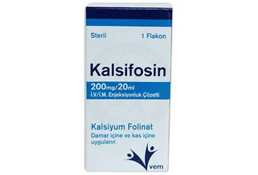 Kalsiyum folinat içeren çözelti: KALSIFOSIN 200 MG/ 20 ML I.V./ I.M. ENJEKSIYONLUK COZELTI ambalajı. Üretici: VEM İLAÇ SAN. VE TİC. ANONİM ŞİRKETİ.