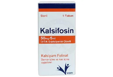 KALSIFOSIN 50 MG/ 5 ML I.V./ I.M. ENJEKSIYONLUK COZELTI (1 FLAKON) ambalajı. Kalsiyum folinat içeren çözelti. Üretici: VEM İLAÇ SAN. VE TİC. ANONİM ŞİRKETİ.