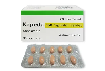 Kapesitabin içeren film kaplı tablet: KAPEDA 150 MG 60 FILM TABLET ambalajı. Üretici: KOÇAK FARMA İLAÇ VE KİMYA SANAYİ A.Ş.