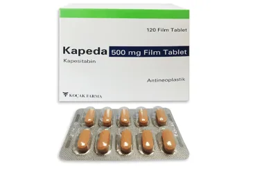 KAPEDA 500 MG 120 FILM TABLET kutusu. Kapesitabin içeren film kaplı tablet. Üretici: KOÇAK FARMA İLAÇ VE KİMYA SANAYİ A.Ş.
