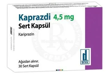 KAPRAZDI 4,5 MG SERT KAPSUL (30 ADET) ürün ambalajı, kapsül formunda kariprazin içerir. Üretici: DEVA HOLDİNG ANONİM ŞİRKETİ.
