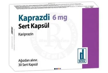 KAPRAZDI 6 MG SERT KAPSUL (30 ADET) ürün ambalajı, kapsül formunda kariprazin içerir. Üretici: DEVA HOLDİNG ANONİM ŞİRKETİ.