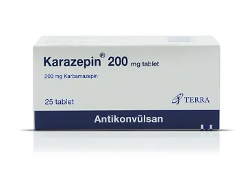 KARAZEPIN 200 MG 25 TABLET kutu fotoğrafı. Karbamazepin içeren tablet. Üretici: TERRA İLAÇ VE KİMYA SAN. TİC. A.Ş.