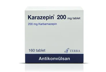 Karbamazepin içeren tablet: KARAZEPIN 200 MG 160 TABLET ambalajı. Üretici: TERRA İLAÇ VE KİMYA SAN. TİC. A.Ş.