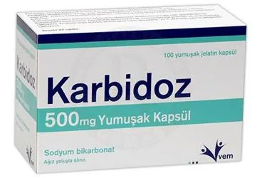 KARBIDOZ 500 MG YUMUŞAK KAPSÜL (sodyum bikarbonat) ürün ambalajı, yumuşak kapsül. Üretici: VEM İLAÇ SAN. VE TİC. ANONİM ŞİRKETİ.