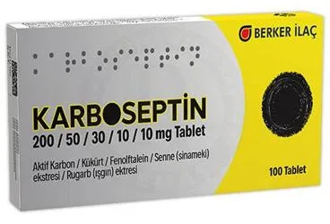 KARBOSEPTIN TABLET (100 TABLET) ambalajı. Aktif karbon içeren tablet. Üretici: BERKER İLAÇ SANAYİ VE TİCARET LİMİTED ŞİRKETİ.
