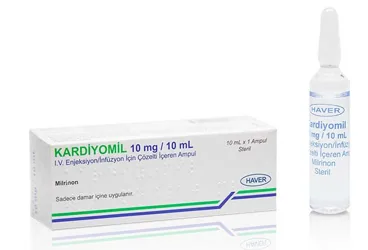 Milrinon içeren çözelti: KARDIYOMIL 10 MG/ 10 ML IV ENJEKSIYON/İNFÜZYON İCIN COZELTI ICEREN 1 AMPUL kutu fotoğrafı. Üretici: HAVER FARMA İLAÇ ANONİM ŞİRKETİ.