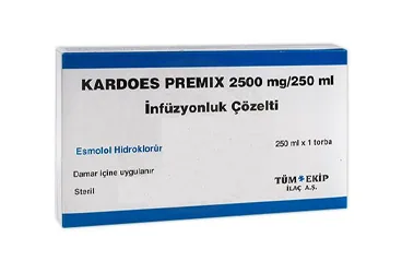 Esmolol içeren çözelti: KARDOES PREMIX 2500 MG/250 ML INFUXYONLUK COZELTI ürün ambalajı. Üretici: TÜM - EKİP İLAÇ A.Ş.