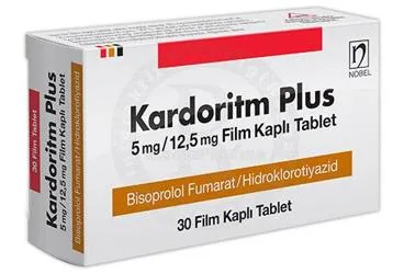Bisoprolol fumarat + hidroklortiazid içeren film kaplı tablet: KARDORITM PLUS 5 MG/12,5 MG FILM KAPLI TABLET kutusu. Üretici: NOBEL İLAÇ PAZARLAMA VE SANAYİİ LTD. ŞTİ.