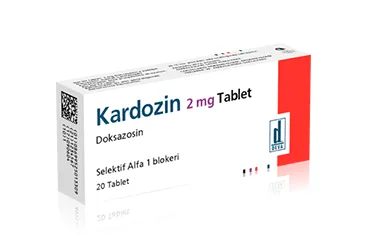 Doksazosin mesilat içeren tablet: KARDOZIN 2 MG 20 TABLET kutusu. Üretici: DEVA HOLDİNG ANONİM ŞİRKETİ.