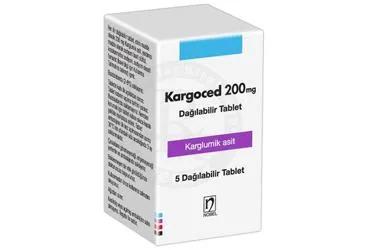Karglumik asit içeren tablet: KARGOCED 200 MG DAGILABILIR TABLET (5 TABLET) kutu fotoğrafı. Üretici: NOBEL İLAÇ SAN. VE TİC. A.Ş.