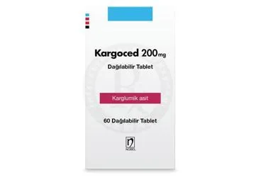 KARGOCED 200 MG DAGILABILIR TABLET (60 TABLET) kutu fotoğrafı, tablet formunda karglumik asit içerir. Üretici: NOBEL İLAÇ SAN. VE TİC. A.Ş.