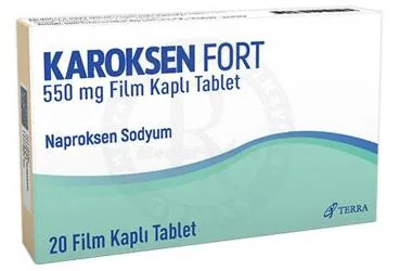KAROKSEN FORT 550 MG FILM KAPLI TABLET (20 TABLET) kutu fotoğrafı. Naproksen sodyum içeren film kaplı tablet. Üretici: TERRA İLAÇ VE KİMYA SAN. TİC. A.Ş.