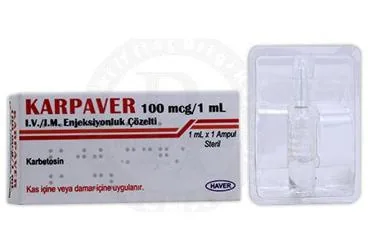 Karbetosin içeren çözelti: KARPAVER 100 MCG/1 ML I.V./I.M. ENJEKSİYONLUK ÇÖZELTİ (1 AMPUL) kutu fotoğrafı. Üretici: HAVER FARMA İLAÇ ANONİM ŞİRKETİ.