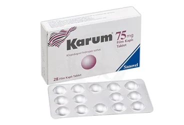 KARUM 75 MG FILM KAPLI TABLET (28 TABLET) (klopidogrel) ürün ambalajı, film kaplı tablet. Üretici: SANOVEL İLAÇ SANAYİ VE TİCARET ANONİM ŞİRKETİ.