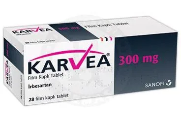 Irbesartan içeren film kaplı tablet: KARVEA 300 MG 28 FİLM KAPLI TABLET ürün ambalajı. Üretici: SANOFİ SAĞLIK ÜRÜNLERİ LTD. ŞTİ.