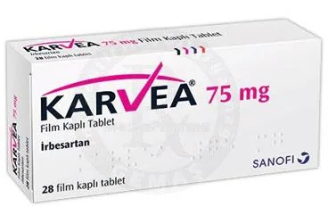 Irbesartan içeren tablet: KARVEA 75 MG 28 TABLET ambalajı. Üretici: SANOFİ SAĞLIK ÜRÜNLERİ LTD. ŞTİ.
