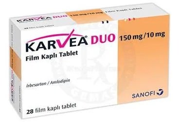 Irbesartan + amlodipin içeren film kaplı tablet: KARVEA DUO 150 MG/10 MG 28 FİLM KAPLI TABLET ambalajı. Üretici: SANOFİ SAĞLIK ÜRÜNLERİ LTD. ŞTİ.
