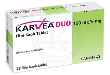 KARVEA DUO 150 MG/5 MG 28 FİLM KAPLI TABLET ambalajı, film kaplı tablet formunda irbesartan + amlodipin içerir. Üretici: SANOFİ SAĞLIK ÜRÜNLERİ LTD. ŞTİ.