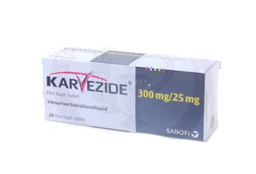 KARVEZIDE 300 MG/25 MG 28 FİLM KAPLI TABLET ambalajı, film kaplı tablet formunda irbesartan + hidroklorotiyazid içerir. Üretici: SANOFİ SAĞLIK ÜRÜNLERİ LTD. ŞTİ.