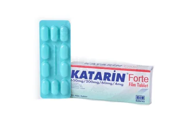 Parasetamol kombinasyon içeren film kaplı tablet: KATARIN FORTE 650 MG/200 MG/60 MG/4 MG 20 FILM KAPLI TABLET ambalajı. Üretici: BİOFARMA İLAÇ SANAYİ VE TİCARET A.Ş.