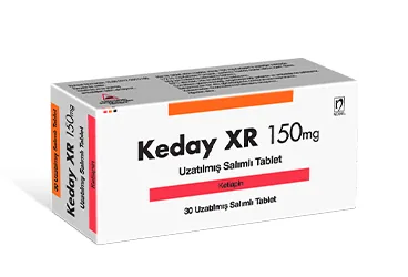 KEDAY XR 150 MG UZATILMIS SALIMLI 30 TABLET ambalajı. Ketiapin içeren tablet. Üretici: NOBEL İLAÇ SAN. VE TİC. A.Ş.