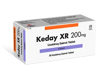 KEDAY XR 200 MG UZATILMIS SALIMLI 30 TABLET kutusu. Ketiapin içeren tablet. Üretici: NOBEL İLAÇ SAN. VE TİC. A.Ş.