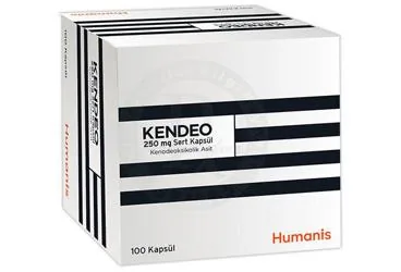 KENDEO 250 MG SERT KAPSUL (100 KAPSUL) ürün ambalajı. Kenodeoksikolik asit içeren kapsül. Üretici: HUMANİS SAĞLIK ANONİM ŞİRKETİ.