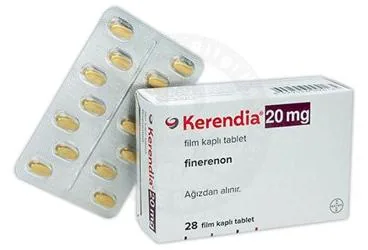 KERENDIA 20 MG FILM KAPLI TABLET (28 TABLET) ürün ambalajı. Finerenon içeren film kaplı tablet. Üretici: BAYER TÜRK KİMYA SAN. LTD. ŞTİ.