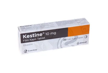 KESTINE 10 MG FILM KAPLI TABLET (20 TABLET) ürün ambalajı, film kaplı tablet formunda ebastin içerir. Üretici: EİP ECZACIBAŞI İLAÇ PAZARLAMA A.Ş.