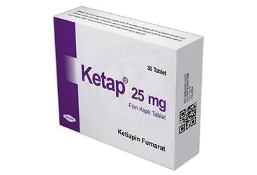 KETAP 25 MG 30 FILM KAPLI TABLET ambalajı. Ketiapin içeren film kaplı tablet. Üretici: HELBA İLAÇ İÇ VE DIŞ SANAYİ TİCARET ANONİM ŞİRKETİ.