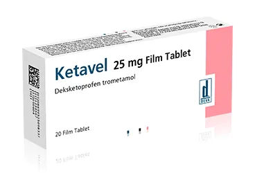 KETAVEL 25 MG FILM TABLET (20 TABLET) kutusu. Deksketoprofen içeren film kaplı tablet. Üretici: DEVA HOLDİNG ANONİM ŞİRKETİ.