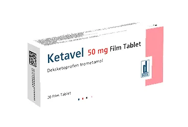 KETAVEL 50 MG 20 FILM TABLET ambalajı. Deksketoprofen içeren film kaplı tablet. Üretici: DEVA HOLDİNG A.Ş.