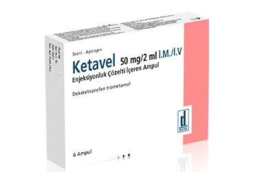 KETAVEL 50 MG/2ML I.M./I.V. ENJEKSIYONLUK COZELTI(6 AMPUL) ürün ambalajı. Deksketoprofen içeren çözelti. Üretici: DEVA HOLDİNG ANONİM ŞİRKETİ.