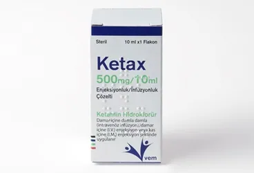 KETAX 500 MG/10 ML ENJEKSIYONLUK/INFUZYONLUK COZELTI ambalajı, çözelti formunda ketamin hcl içerir. Üretici: VEM İLAÇ SAN. VE TİC. ANONİM ŞİRKETİ.