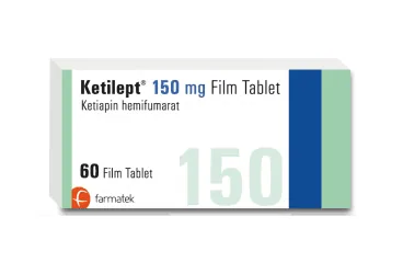 KETILEPT 150 MG 60 FILM TABLET ambalajı, film kaplı tablet formunda ketiapin içerir. Üretici: FARMA-TEK İLAÇ SANAYİ VE TİCARET A.Ş.