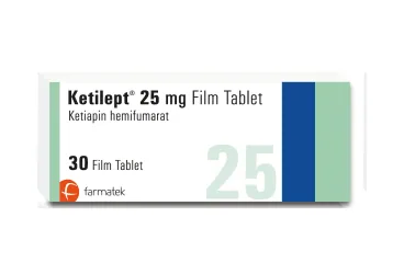 KETILEPT 25 MG FILM KAPLI TABLET (30 TABLET) ambalajı. Ketiapin içeren film kaplı tablet. Üretici: FARMA-TEK İLAÇ SANAYİ VE TİCARET A.Ş.