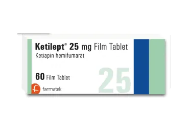 KETILEPT 25 MG FILM KAPLI TABLET (60 TABLET) ambalajı. Ketiapin içeren film kaplı tablet. Üretici: FARMA-TEK İLAÇ SANAYİ VE TİCARET A.Ş.